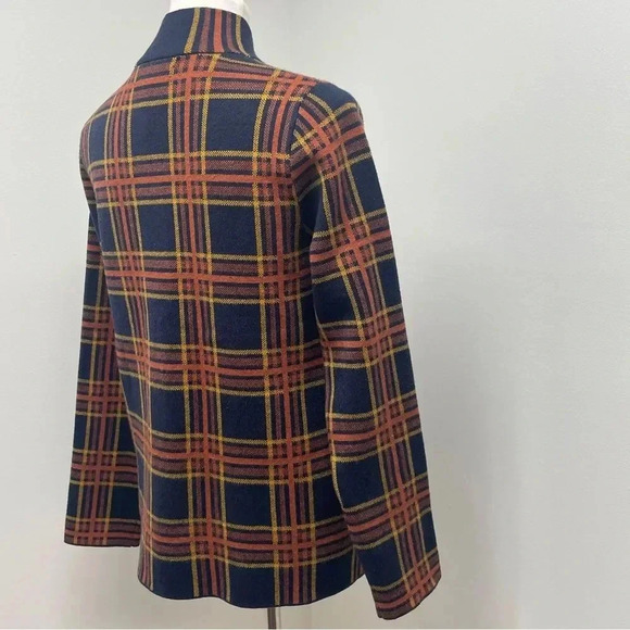 Rachel Zoe Plaid Zip Sweater Cardigan Jacket Knit Shacket. Orange & Navy. Medium - Picture 5 of 16